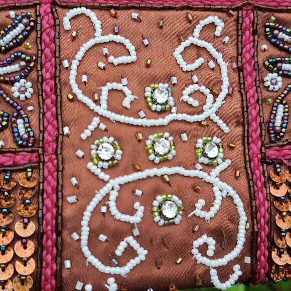 Handbeaded Sequin Kiss Lock Mini Purse Beaded Handle Floral Embellished Handbag - Picture 8 of 15